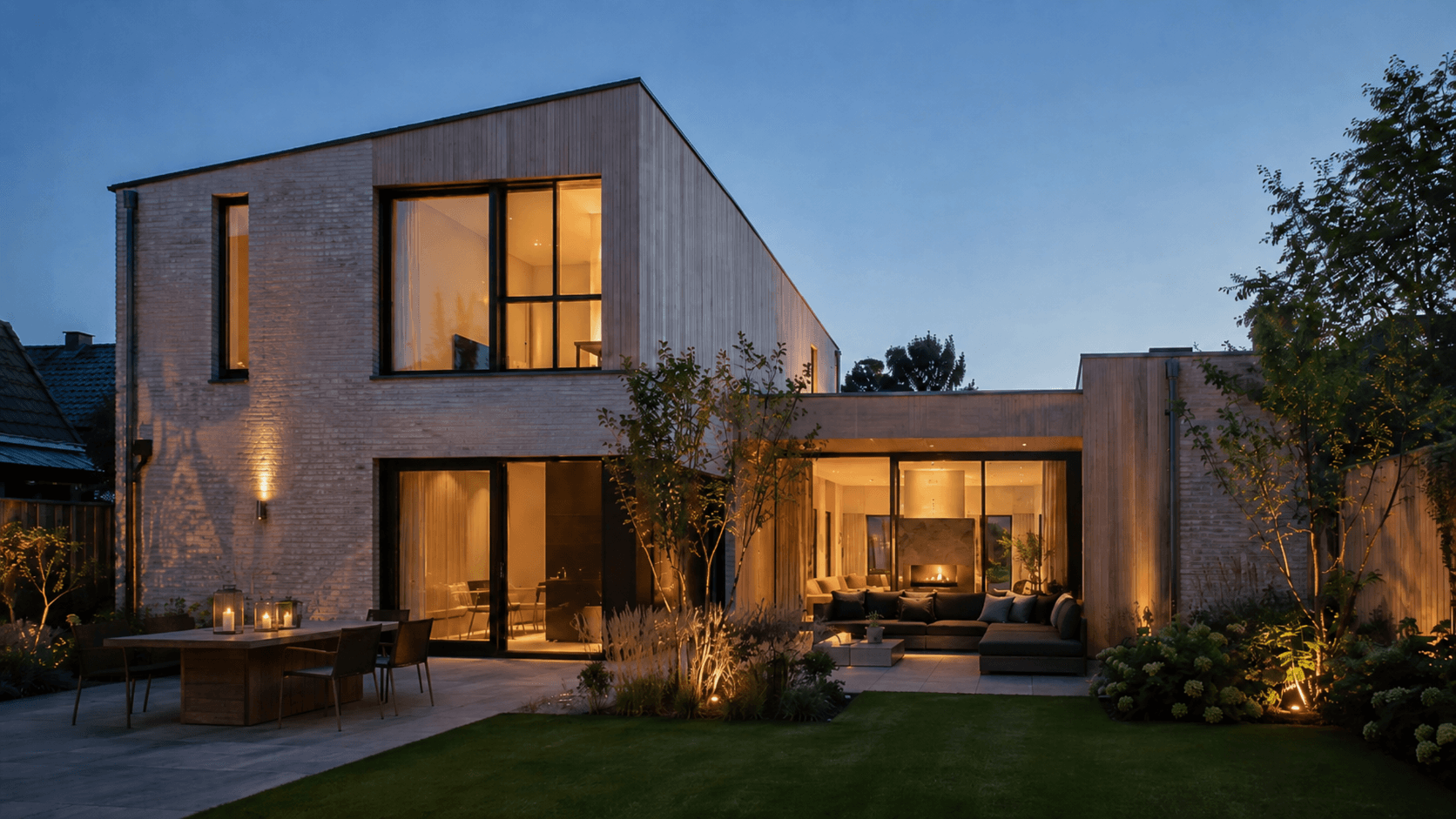 Moderne duurzame woning met warme verlichting en aangelegde tuin