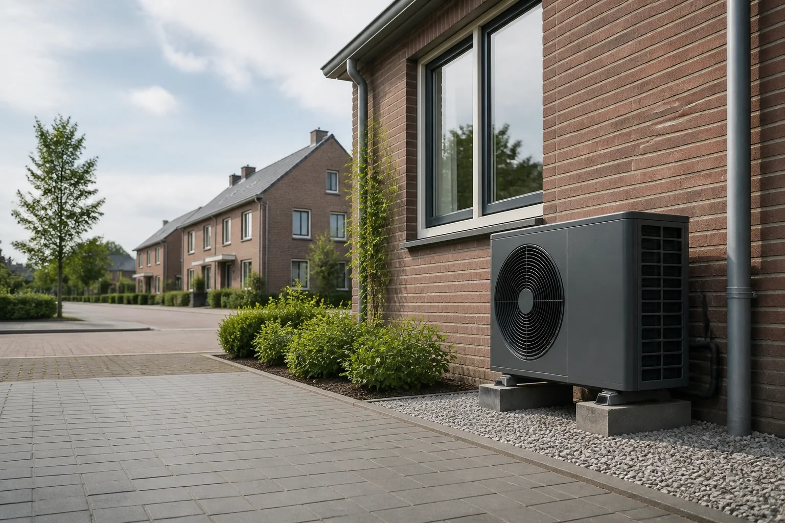 Buitenunit van een lucht-waterwarmtepomp naast een Nederlandse woning